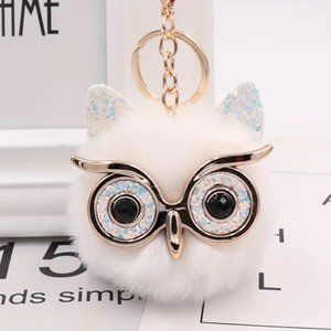 COPY - Fuzzy OWL Pom Pom Bag Charm Keychain Purse White Glasses Rhinestones GIFT